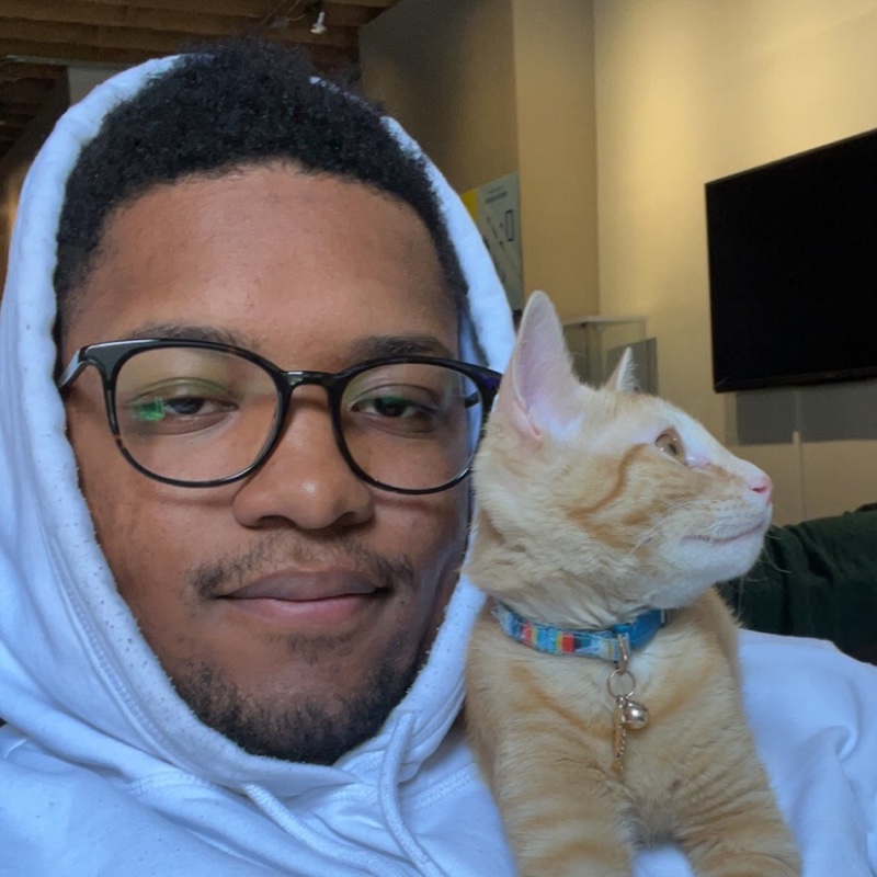Evan Brown in a white hoodie and glasses, with an orange kitten perched on his shoulder